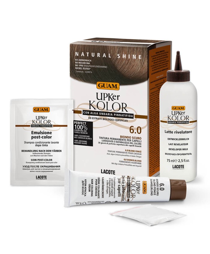 Upker Kolor Tintura confezione, Crema colorante, Latte rivelatore, Emulsione condizionante post-color e guanti monouso